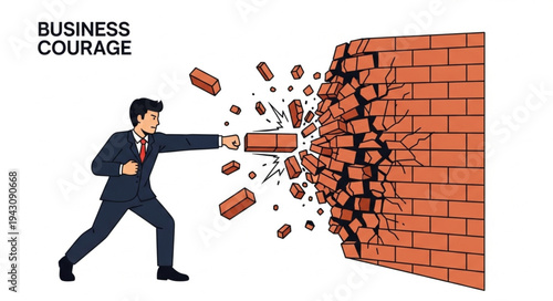 Man Breaking Brick Wall with Sledgehammer.