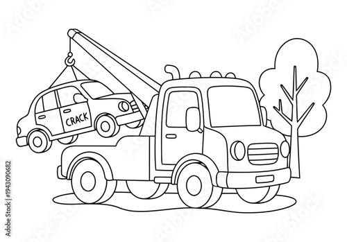 Tow truck lifting damaged vehicle with crane hook beside roadside tree scene