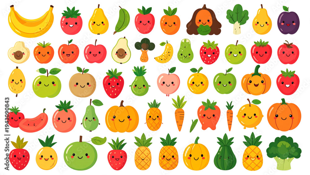 Fototapeta premium Cute fruits and vegetables cartoon vector set with smiling faces including banana apple carrot pumpkin strawberry and pineapple isolated on white background