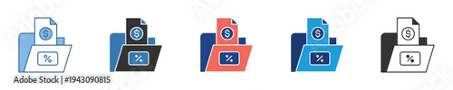 Set of digital folder icons with percentage and dollar sign, symbolizing financial document management, sales discounts, or money-related progress for business applications