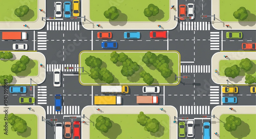 Aerial View of City Intersection with Cars and Green Spaces.