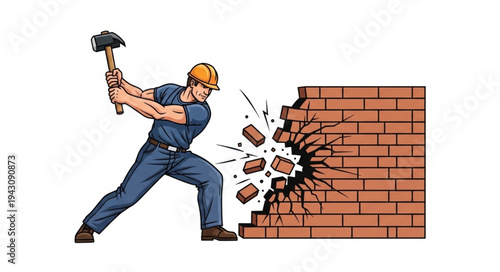 Man Breaking Brick Wall with Sledgehammer.