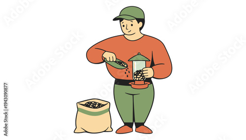 A farmer holding a scoop and pouring seeds into a green planter