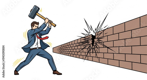 Man Breaking Brick Wall with Sledgehammer.