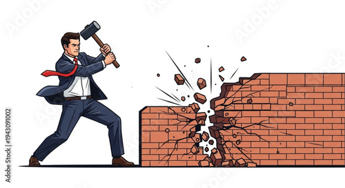 Man Breaking Brick Wall with Sledgehammer.
