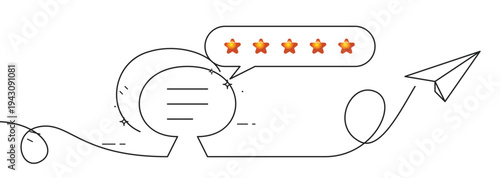 Minimalist Continuous Line Drawing of a Customer Feedback Speech Bubble with Five Stars and a Paper Plane Representing Successful Communication Satisfaction