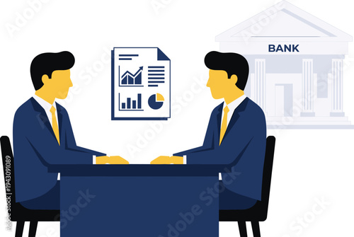 Business Meeting Icon Set Featuring Two Professionals Discussing Financial Report with Bank Building in Background for Corporate and Finance Designs