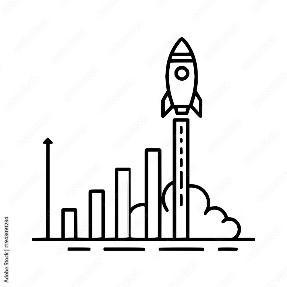 Fototapeta premium Rocket Ship Launching from Bar Graph on White Background