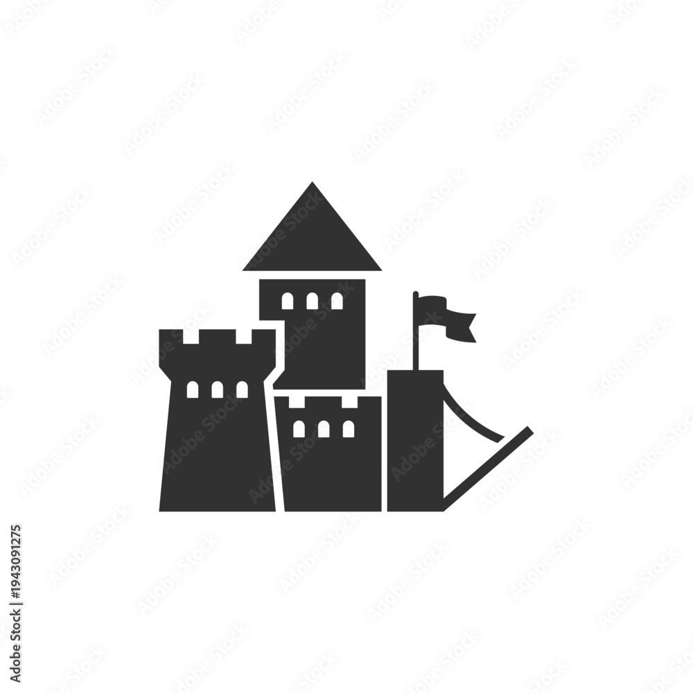Obraz premium Fantasy fortress castle with flag icon. Fairytale stronghold architecture. Monochrome black and white symbol