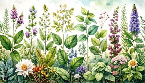Watercolor painting of many different green plants and colorful flowers
