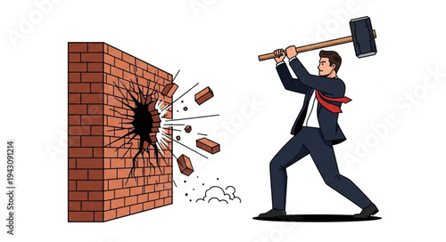 Man Breaking Brick Wall with Sledgehammer.