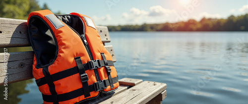 Bright orange life jacket resting on wooden bench by calm lake  