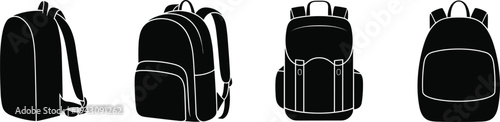 Four black silhouette backpacks shown from different angles on a white background Keywords: backpack, rucksack, bag, silhouette