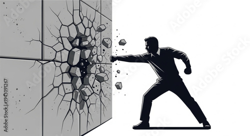 Man Breaking Concrete Wall Silhouette.