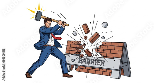 Man Breaking Down Barrier with Sledgehammer.