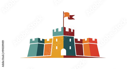 Colorful castle illustration with flag vector graphic