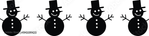 Four Black Silhouette Snowmen Wearing Top Hats and Stick Arms on White Background snowman