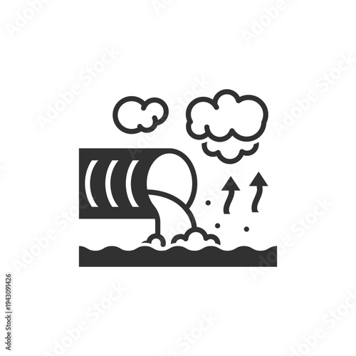 Industrial pipe dumping waste into water icon. Water pollution and environmental contamination. Monochrome black and white symbol