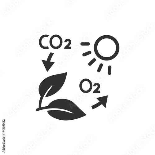 Leaf with CO_ and O_ arrows under sun icon. Plant photosynthesis and oxygen production. Monochrome black and white symbol