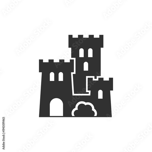 Medieval castle with courtyard icon. Historic fortress residence. Monochrome black and white symbol