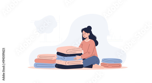 Young Woman Folding Clean Laundry Stacks At Home