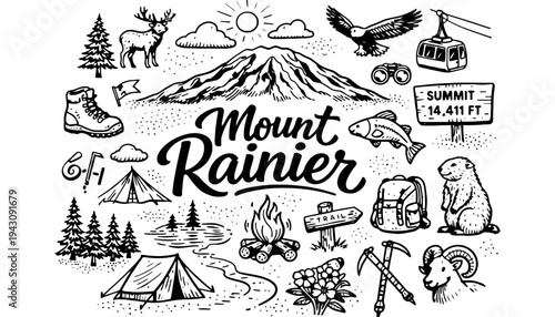 Mount Rainier mountain illustration with various camping and hiking icons