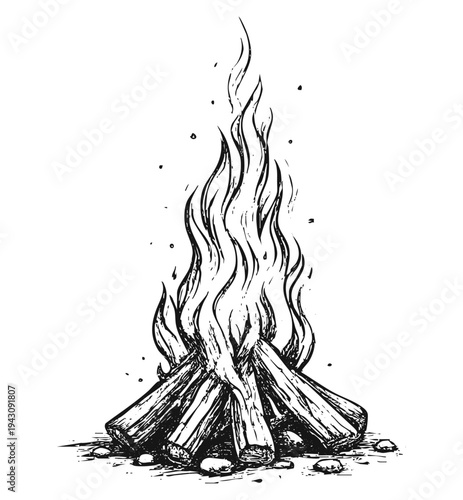 A burning bonfire line art sketch illustration - vector isolated on transparent background