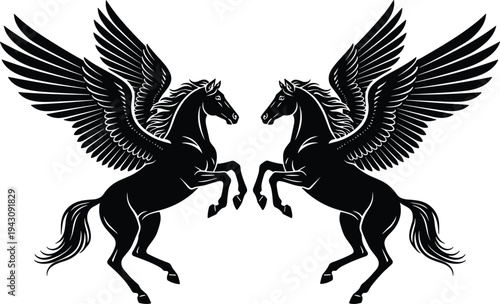 Mirrored Pegasus winged horses black and white silhouette vector illustration symmetrical mythical creature design fantasy emblem decorative artwork