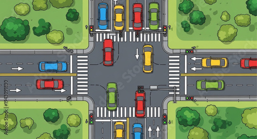Aerial View of a Busy Intersection with Cars.