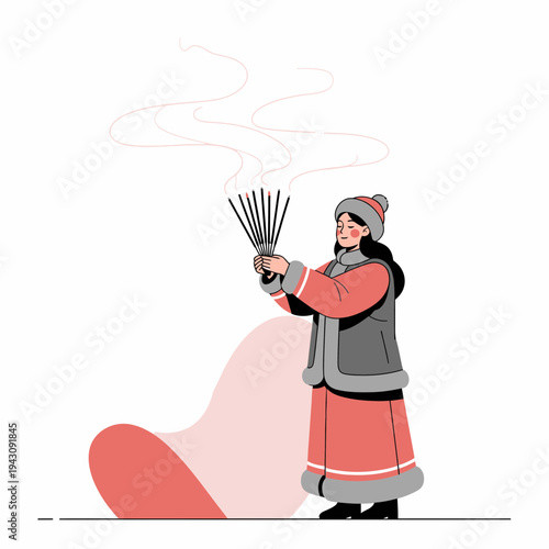 Young Woman Holding Incense Sticks Emitting Smoke