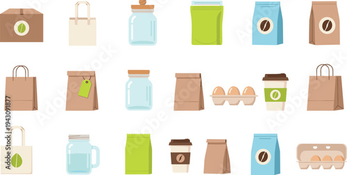 Eco packaging icons collection, paper bags glass jars coffee cups egg cartons, sustainable food packaging, zero waste vector set