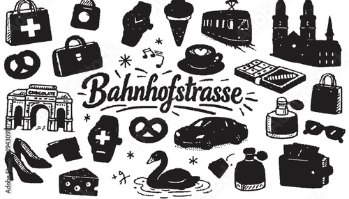 Bahnhofstrasse vector illustration of various iconic Swiss symbols and objects