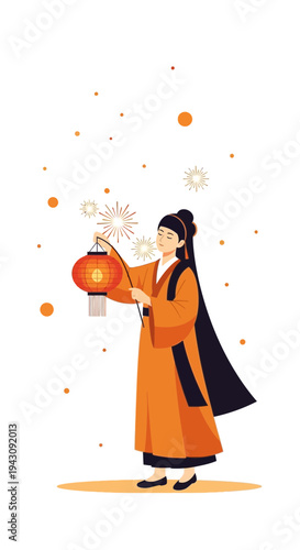 Young Woman Holding Traditional Lantern During Festive Celebration