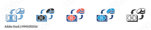 Set of vector icons illustrating digital currency exchange, online financial transactions, and monetary flow, depicting secure money transfers and investment concepts