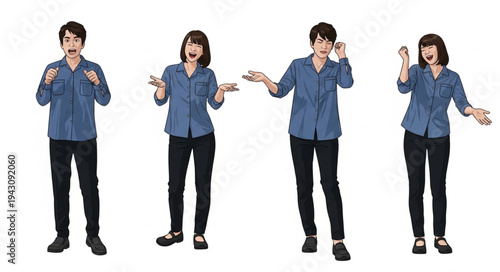 Four individuals in various poses wearing denim shirts and black pants.