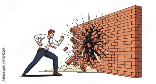 Man Breaking Through Brick Wall.