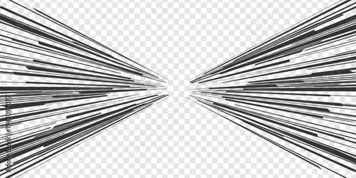 Manga anime speed lines. Radial perspective effects and transparent action comic book energy. Black and white white burst overlays, motion zoom focus and horizontal power glow. Vector background.