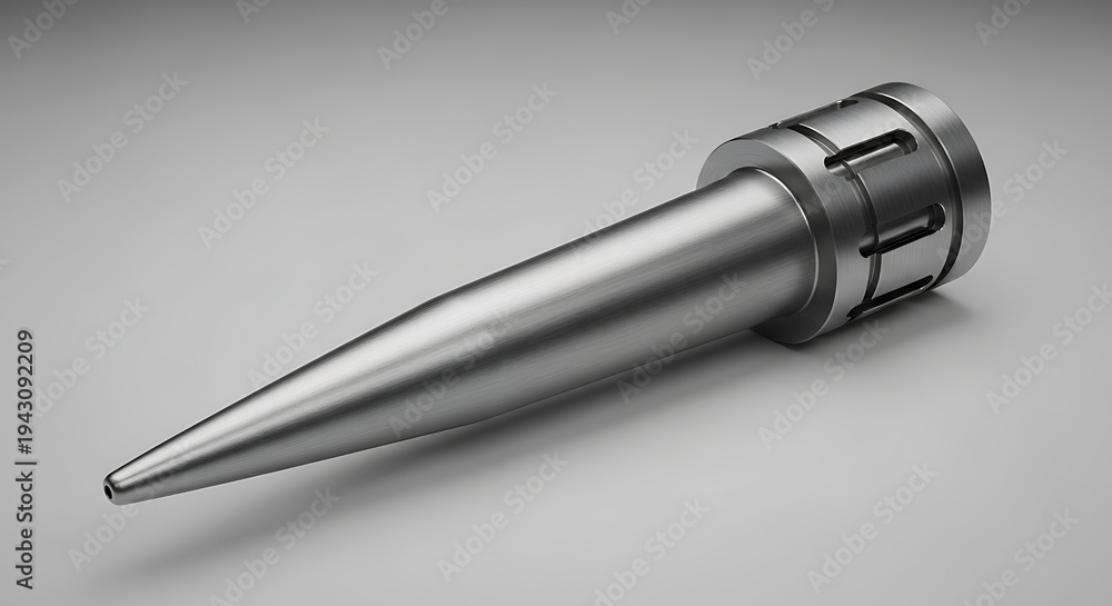 Naklejka premium Specialized silver metallic cone part with circular mounting grooves and industrial precision machining for aerospace hardware and mechanical assembly isolated on light studio gray background.