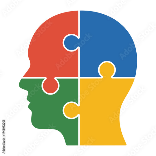 Vibrant conceptual image of a human head silhouette formed by four colorful jigsaw puzzle pieces, representing mind, ideas, solutions, creativity, problem-solving, and teamwork, ideal for business, 