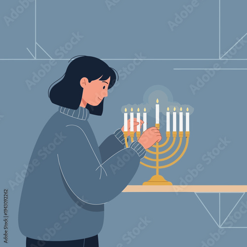 Young Woman Lighting Menorah Candles During Festive Hanukkah Celebration