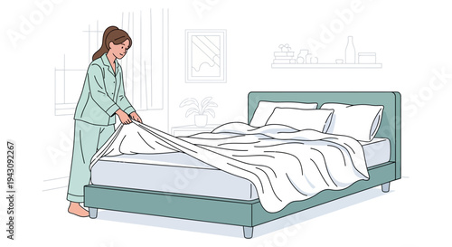Young Woman Making Bed In Simple Bedroom Decor With Fresh Linens