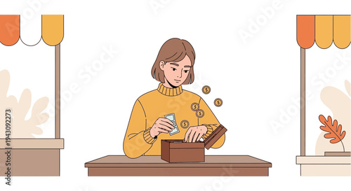 Young Woman Organizing Finances Saving Money In A Wooden Box Minimalist Illustration