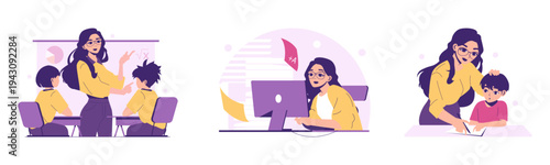 Teacher Helping Students in Classroom Vector Illustration