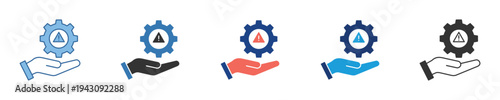 Illustrative concept of system support and alert management, depicting a helping hand stabilizing a gear with a warning sign, symbolizing technical assistance