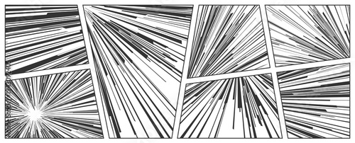 Radial anime manga speed lines. Black comic book burst set and action energy. Vintage halftone textures, sun flare focus and horizontal hero power blast. Vector background.