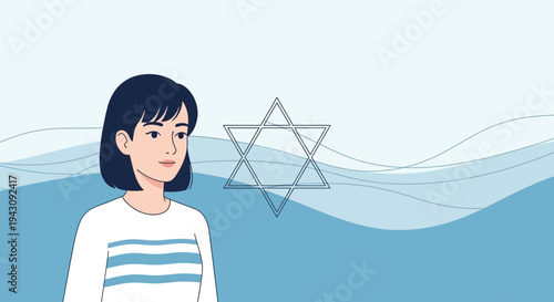 Young Woman With Star Of David Symbol And Abstract Blue Waves Background