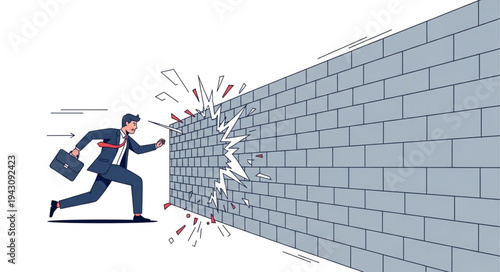 Man Breaking Through Brick Wall.