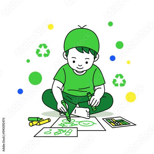 Youngster Engaged In Artistic Creation, Illustrating Environmental Consciousness With Colorful