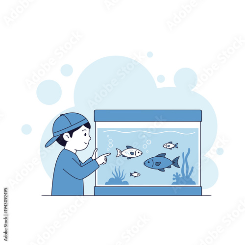 Youngster Examining Aquatic Life, Spotting Various Fish Species Within a Glass Enclosure