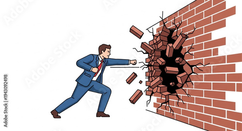 Man Breaking Through Brick Wall.
